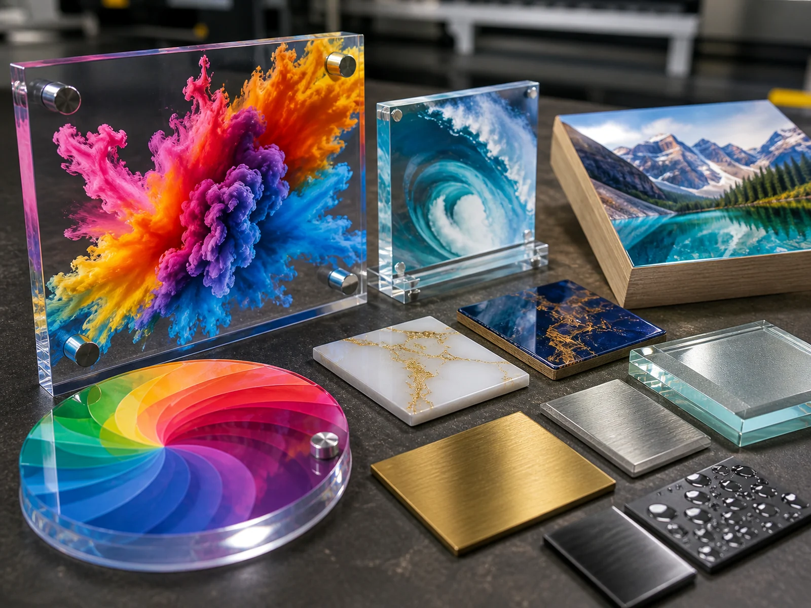 UV printed acrylic signs, plaques, glass and metal samples